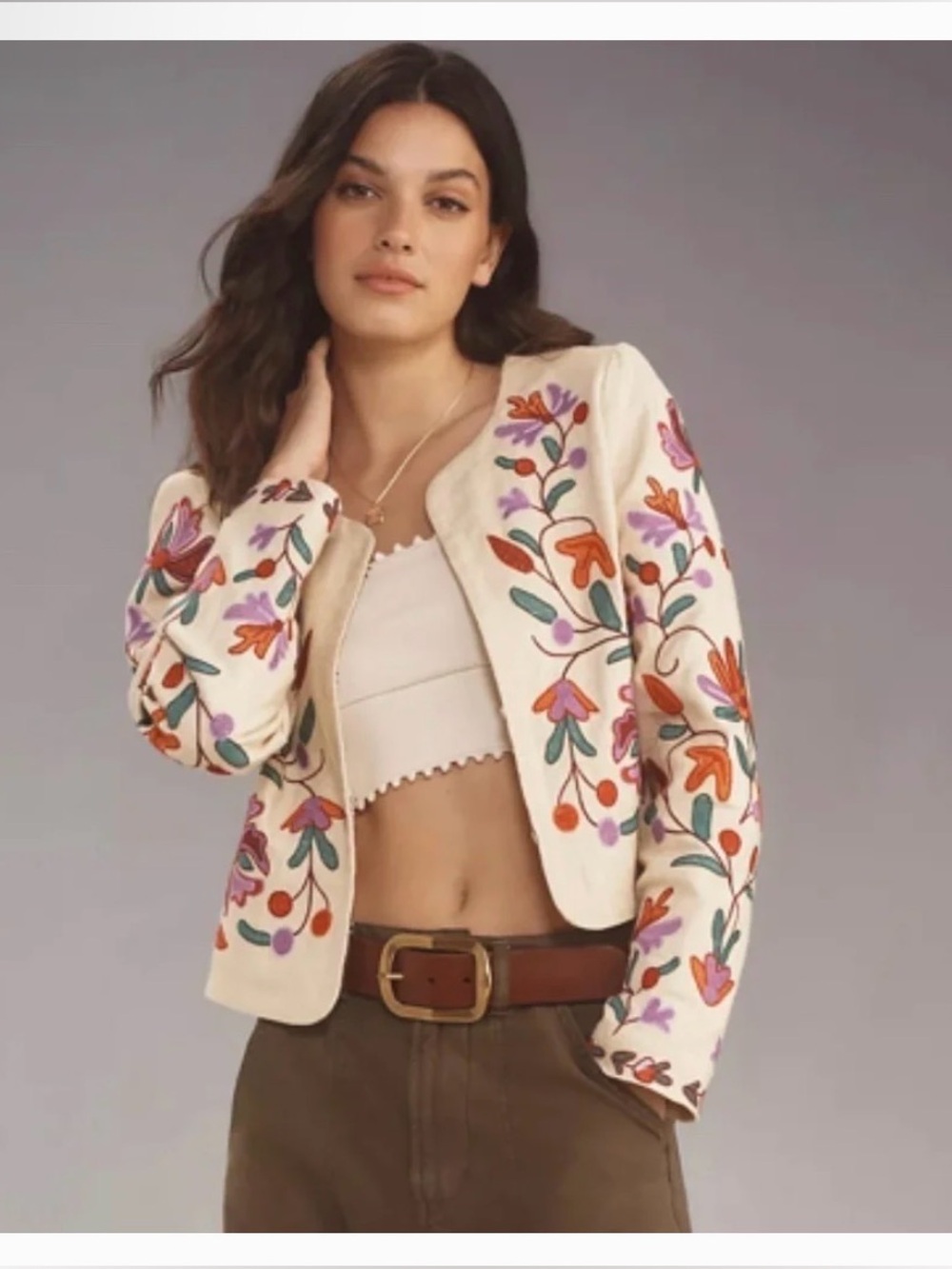 Anthropologie Dolan Embroidered Cream Floral Linen Jacket
